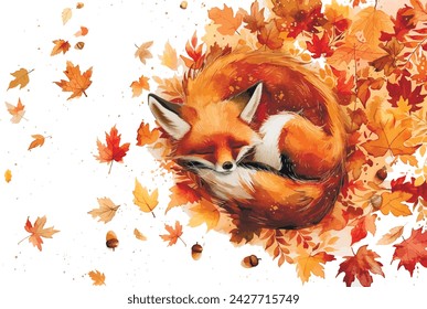 A watercolor fox curled up in an autumnal swirl of leaves and acorns, animals, watercolor style, white background, with copy space