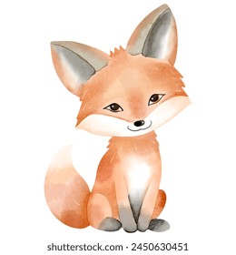 Watercolor fox. Cute little fox in watercolor style. Hand drawn fox.