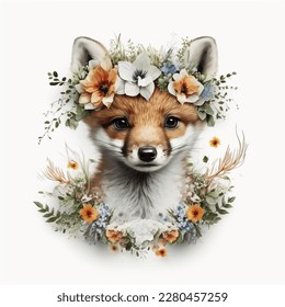 Watercolor Fox in floral bouquet. Drawn childish clipart animal forest, silver, green plants and flowers. Watercolor painting funny Fox for kids. Baby cute animal Fox.