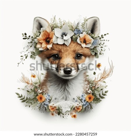 Watercolor Fox in floral bouquet. Drawn childish clipart animal forest, silver, green plants and flowers. Watercolor painting funny Fox for kids. Baby cute animal Fox.