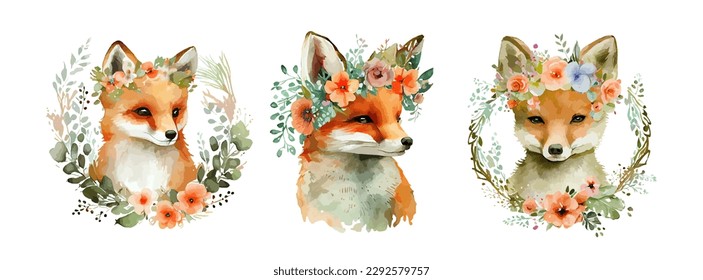 Watercolor Fox and Flowers isolated on white background. Cute fox animal woodland art set, wild life cartoon drawing. Vector illustration