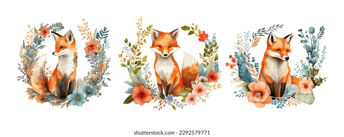 Watercolor Fox and Flowers isolated on white background. Cute fox animal woodland art set, wild life cartoon drawing. Vector illustration