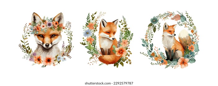 Watercolor Fox and Flowers isolated on white background. Cute fox animal woodland art set, wild life cartoon drawing. Vector illustration