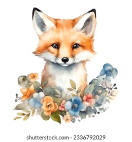 Watercolor Fox and Flowers isolated on white background. Vector illustration