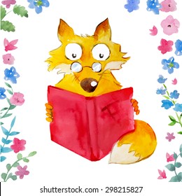 Watercolor fox reading a book. Vector isolated illustration.