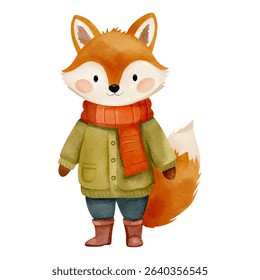 Watercolor fox in warm winter clothes. Hand painted illustration on white background