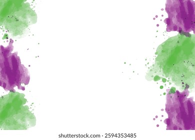 Watercolor frame background with abstract green and purple splashes on both sides. Perfect for invitations, posters, presentations, and artistic digital designs.