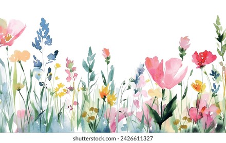 watercolor frame background spring flowers and grass