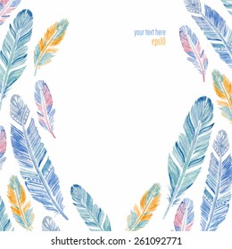 Watercolor frame with colorful feathers. Beautiful hand-drawn background for invitations, save the date cards and any design. Vector wreath with place for your text.