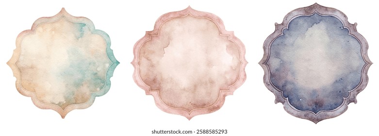 Watercolor frame designs, soft pastel colors, elegant shapes, artistic style, decorative elements, versatile backgrounds.