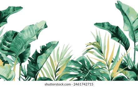 Watercolor frame featuring tropical hibiscus flowers and palm leaves on transparent background. Vector EPS 10