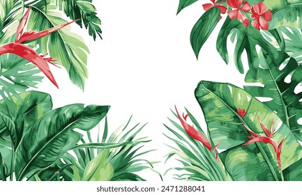 Watercolor frame featuring tropical hibiscus flowers and palm leaves on transparent background. Vector EPS 10