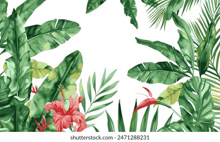 Watercolor frame featuring tropical hibiscus flowers and palm leaves on transparent background. Vector EPS 10