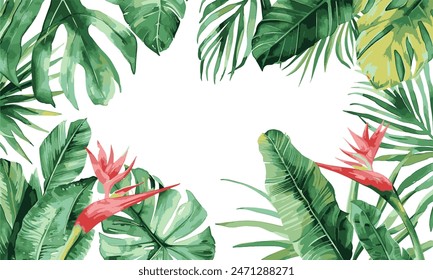 Watercolor frame featuring tropical hibiscus flowers and palm leaves on transparent background. Vector EPS 10