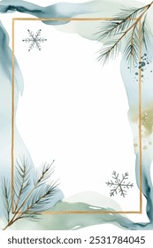 Watercolor frame with fir branches, splashes and place for text. Christmas card. Watercolor winter background 