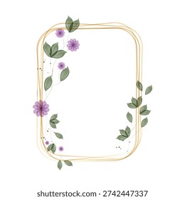A watercolor frame with a golden border features rounded corners. Soft purple flowers and green leaves adorn the frame edges, creating an elegant botanical design.