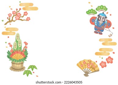 Watercolor Frame with Japanese new year decoration. Vector illustration.