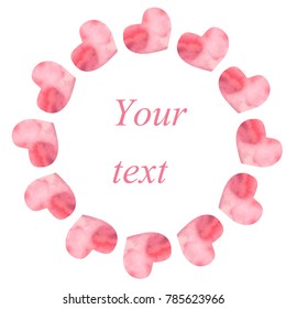 Watercolor frame with multicolor hearts and empty space for text isolated on white background. Colorful romantic design for wedding invitations, greeting cards, scrapbook element.