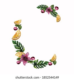 Watercolor frame of one Orchid and cherries, orange slices, tropical leaves on a white background.The vector frame can be used in postcards, cosmetics packages, menus, invitations, napkins.