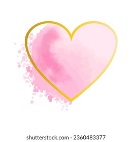 Watercolor frame. Pink brush strokes, golden heart figures, splash texture. Pink pastel colors. Wedding, valentine or birthday cards decor. Abstract paint stains, decorative banner or poster