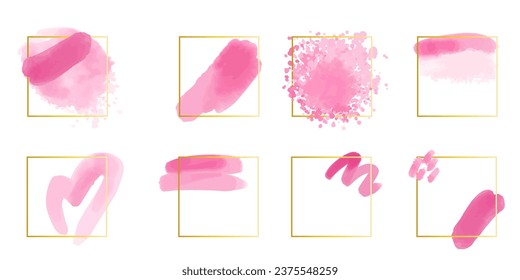 Watercolor frame. Pink brush strokes, golden square figures, splash texture. Pink pastel colors. Wedding, valentine or birthday cards decor. Abstract paint stains. Decorative background, vector set