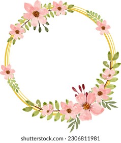 watercolor frame of pink flowers and green leaves.