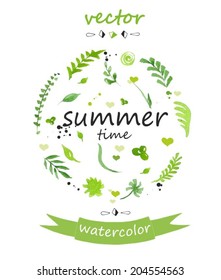 Watercolor frame of plants, summer, vector