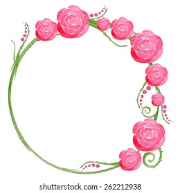Watercolor frame with roses and curls. Vector wreath.