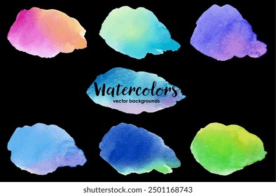 Watercolor frame set. Neon colors. black background.