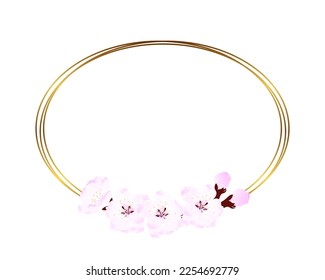 Watercolor frame with soft pink cherry blossom and Golden oval. For wedding design, textiles, ceramics, invitations, greetings, packaging, scrapbooking