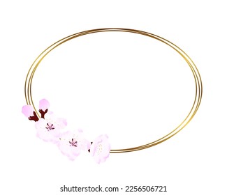 Watercolor frame with soft pink cherry blossom and Golden oval. For wedding design, textiles, ceramics, invitations, greetings, packaging, scrapbooking