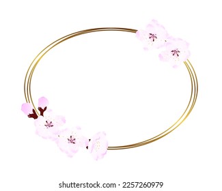 Watercolor frame with soft pink cherry blossom and Golden oval. For wedding design, textiles, ceramics, invitations, greetings, packaging, scrapbooking