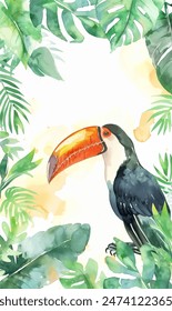 Watercolor frame with toucan. Tropical plants background. Exotic summertime background. 