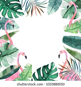 Watercolor frame with tropical jungle leaves and pink flamingo.Vector aloha illustration. Watercolor style