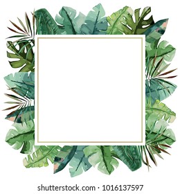 Watercolor Frame With Tropical Palm Leaves. Vector Illustration