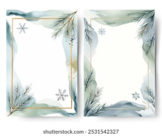 Watercolor frames with fir branches, splashes and place for text. Christmas cards. Watercolor winter backgrounds