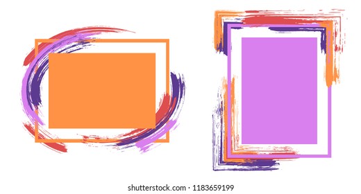 Watercolor frames with paint brush strokes vector set. Box borders with painted brushstrokes backgrounds. Advertising graphics design flat frame templates for banners, flyers, posters, cards.