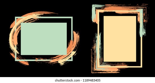 Watercolor frames with paint brush strokes vector set. Box borders with painted brushstrokes on black. Educational graphics design flat frame templates for banners, flyers, posters, cards.