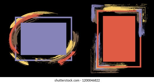 Watercolor frames with paint brush strokes vector collection. Box borders with painted brushstrokes on black. Advertising graphics design empty frame templates for banners, flyers, posters, cards.