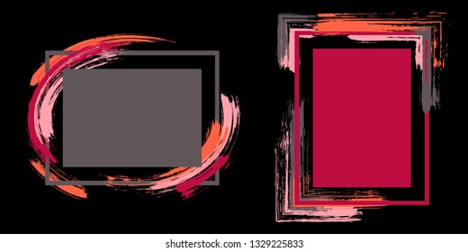 Watercolor frames with paint brush strokes vector set. Box borders with painted brushstrokes on black. Advertising graphics design flat frame templates for banners, flyers, posters, cards.