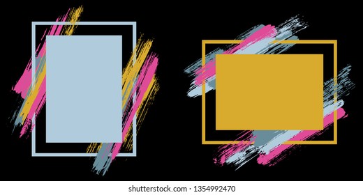 Watercolor frames with paint brush strokes vector collection. Box borders with painted brushstrokes on black. Advertising graphics design empty frame templates for banners, flyers, posters, cards.