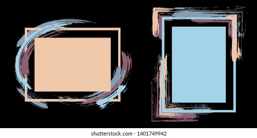 Watercolor frames with paint brush strokes vector set. Box borders with painted brushstrokes on black. Educational graphics design flat frame templates for banners, flyers, posters, cards.