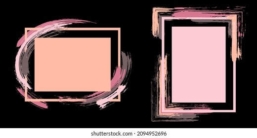 Watercolor frames with paint brush strokes vector set. Box borders with painted brushstrokes on black. Advertising graphics design flat frame templates for banners, flyers, posters, cards.
