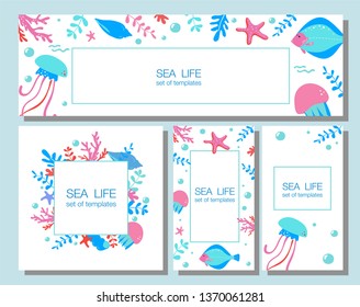 Watercolor frames of sea shells, sea animals, water plants. Set of Cute frames with hand drawn shells, starfishes, text in bright colors. Template for poster, banner, greeting card, flyer.