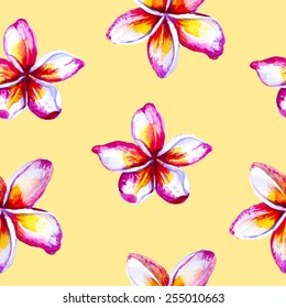 Watercolor frangipani seamless pattern. Hand drawn illustration. Vector.