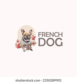 Watercolor frech bulldog with flowers logo