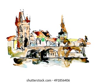 watercolor freehand sketch drawing of Prague Czech Republic top landscape to travel book or poster, aquarelle painting vector illustration