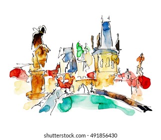 watercolor freehand sketch drawing of Prague Czech Republic top landscape to travel book or poster, aquarelle painting vector illustration