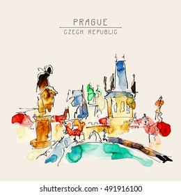 watercolor freehand sketch drawing of Prague Czech Republic top landscape to travel book or poster, aquarelle painting vector illustration