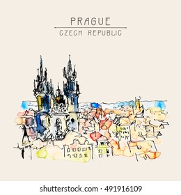 watercolor freehand sketch drawing of Prague Czech Republic top landscape to travel book or poster, aquarelle painting vector illustration